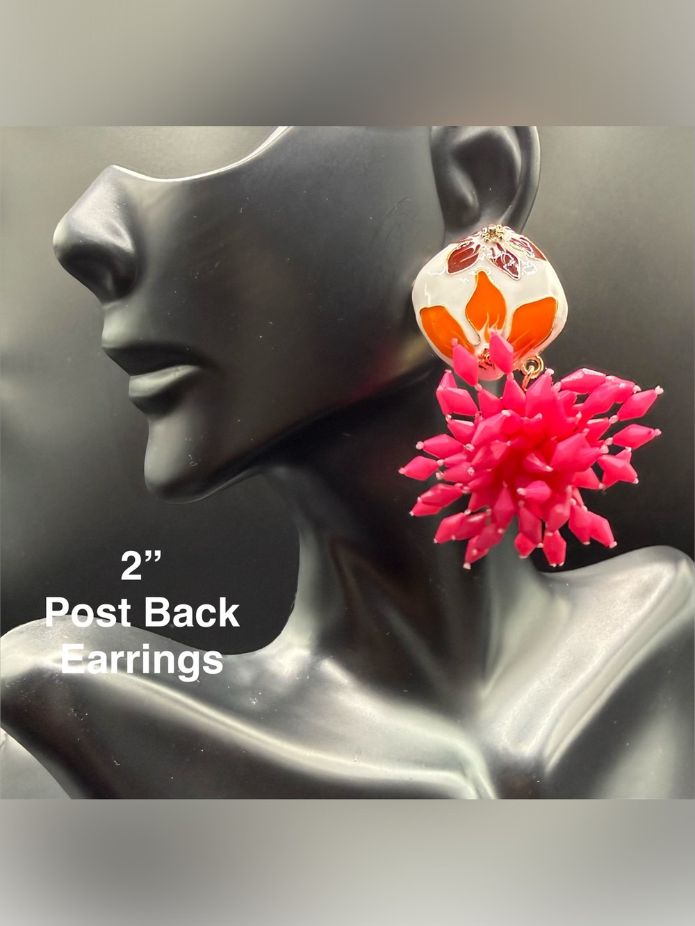 Colorful Floral Enamel & Hot Pink Beaded Earrings